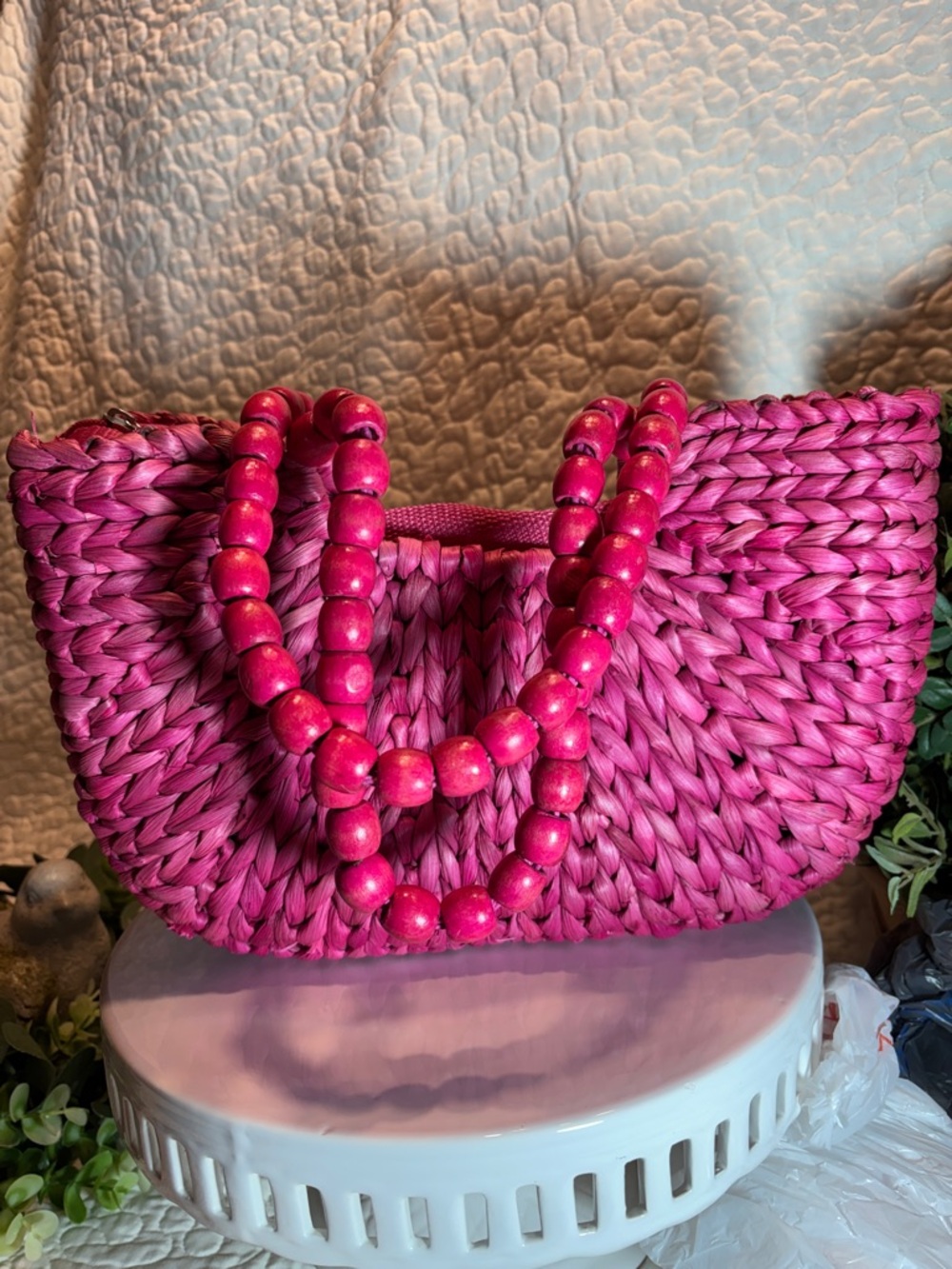 Sun and Sand Woven Pink Straw Satchel Bag - Picture 2 of 8